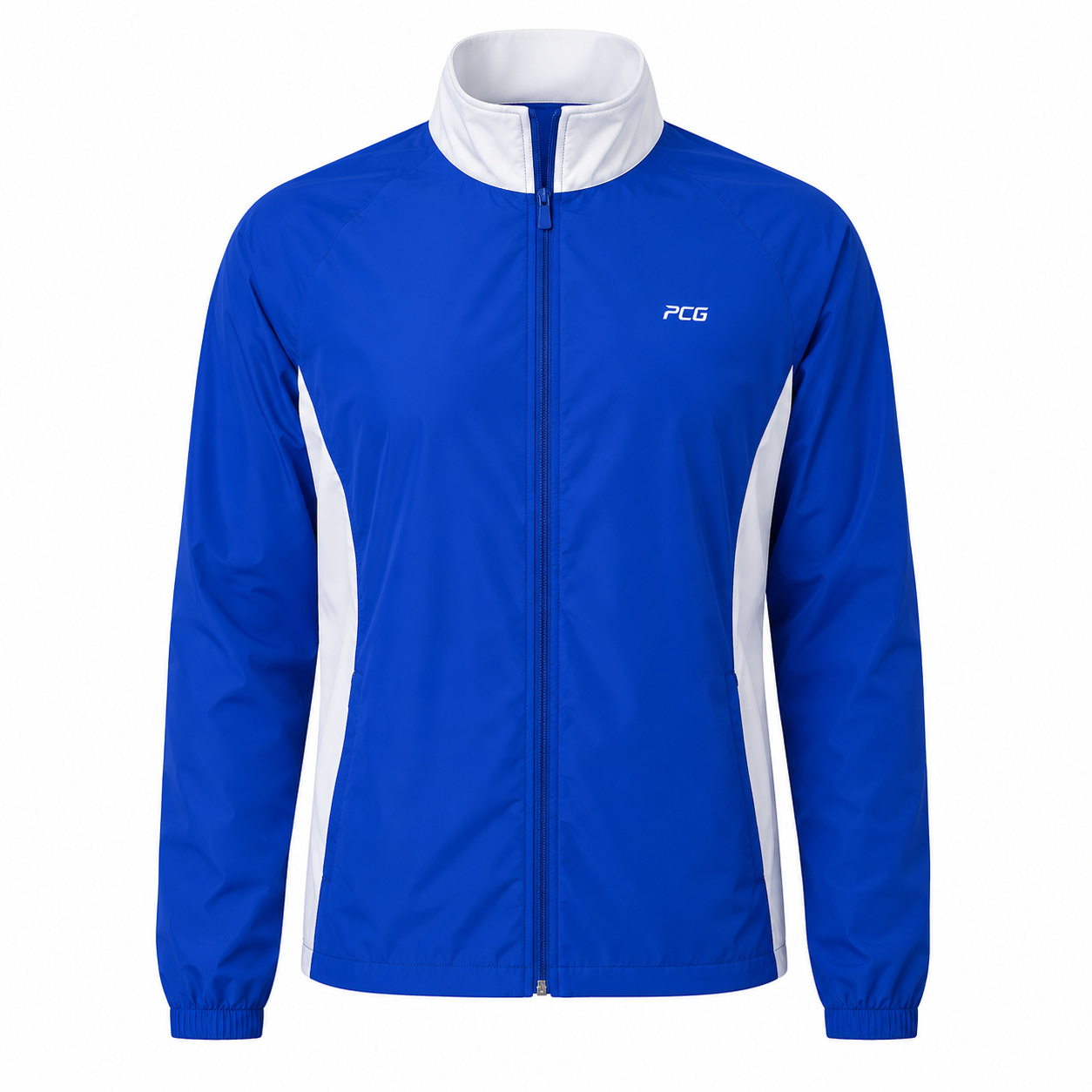 Custom swim team warm-up jacket full-zip water-resistant with sublimated team design manufactured by PCG Sportswear