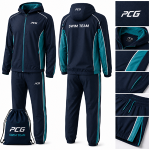 Custom swim team warmup apparel featuring premium hoodie and joggers manufactured by PCG Sportswear