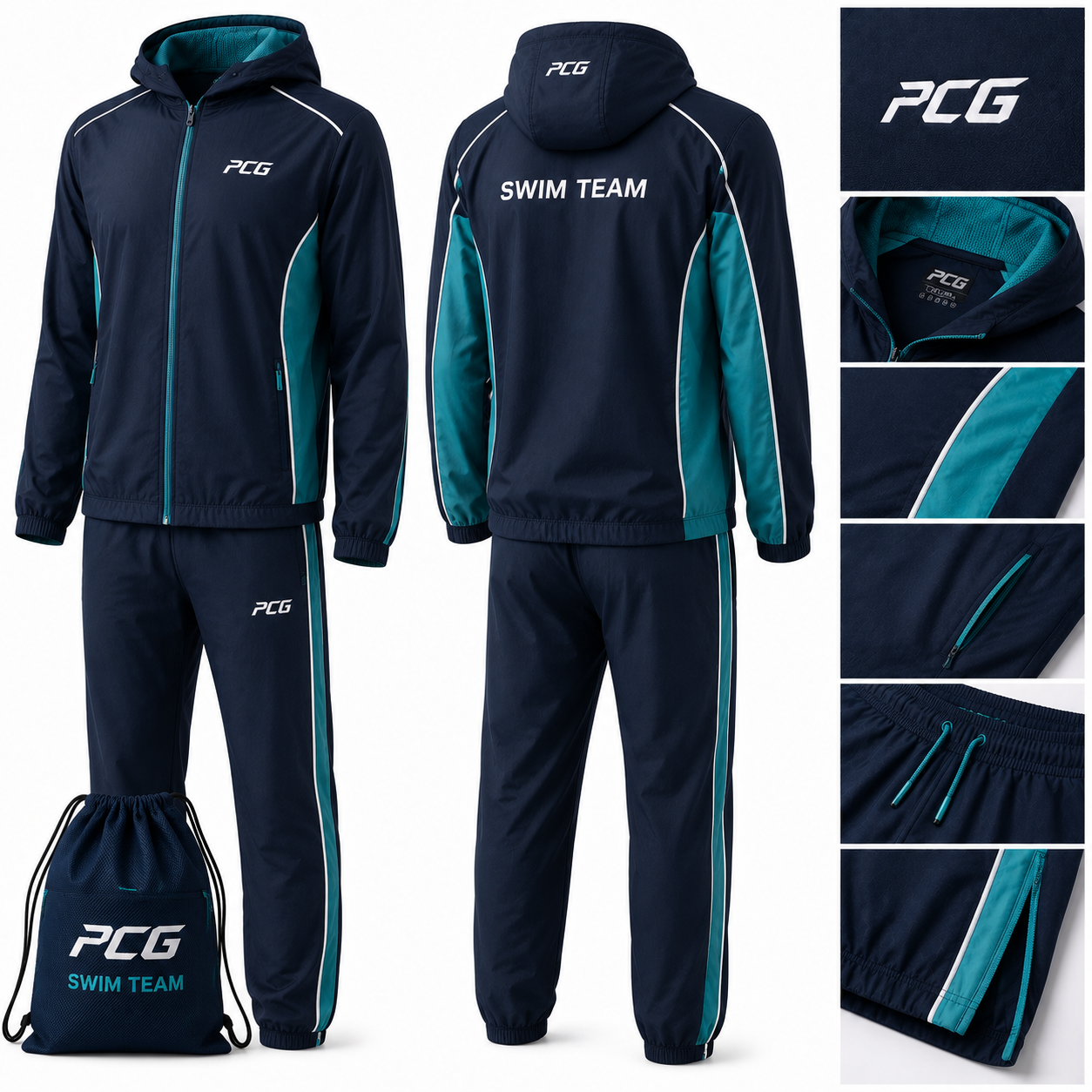Custom swim team warmup apparel featuring premium hoodie and joggers manufactured by PCG Sportswear