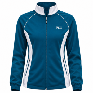Custom tennis and netball warm-up jacket full-zip with sublimated team design manufactured by PCG Sportswear