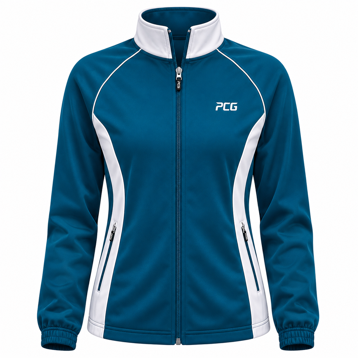 Custom tennis and netball warm-up jacket full-zip with sublimated team design manufactured by PCG Sportswear