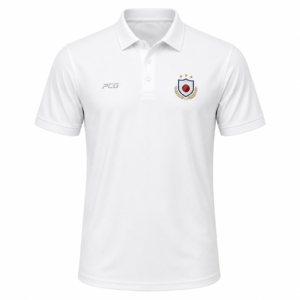 Custom traditional white cricket shirt with classic collar button placket and embroidered club badge manufactured by PCG Sportswear