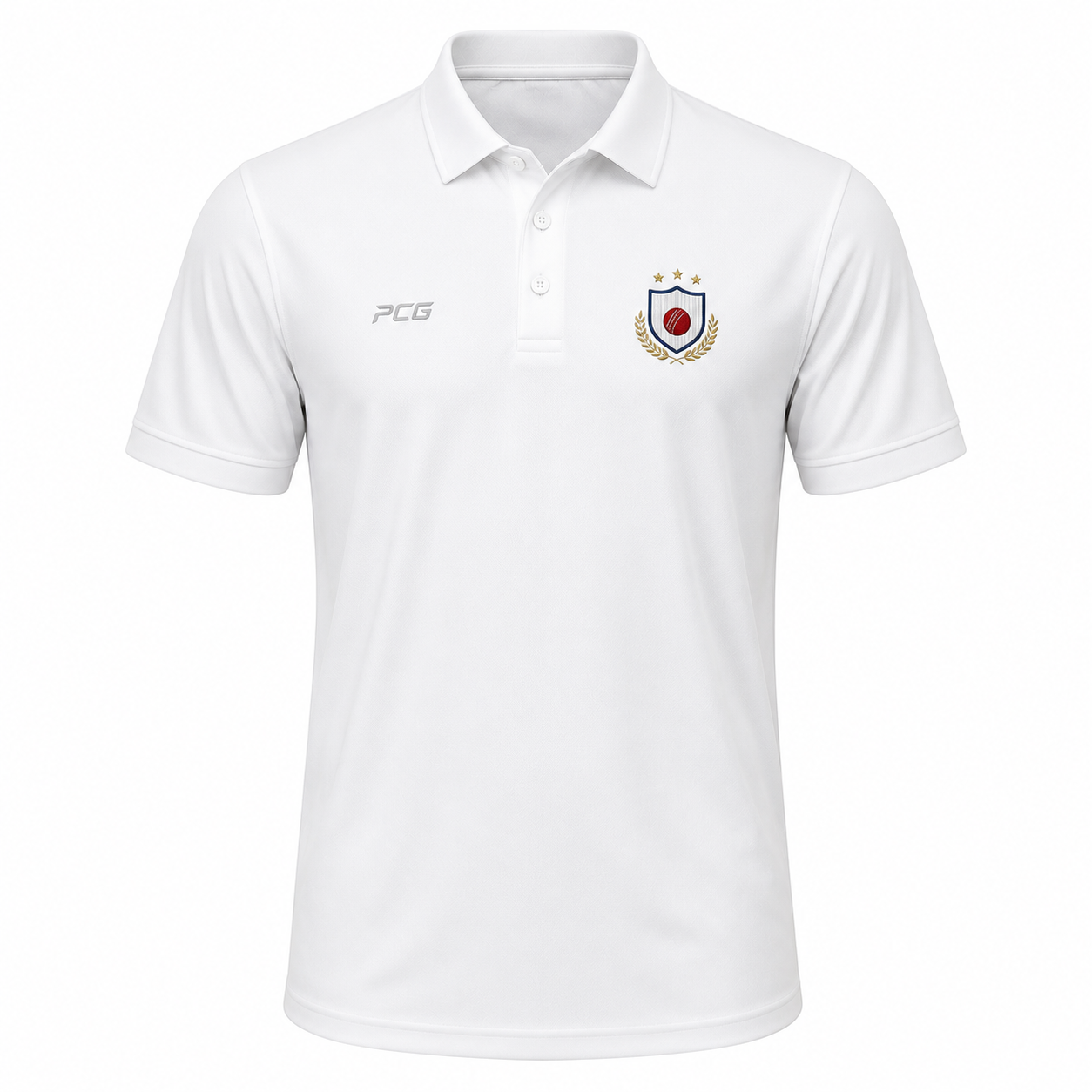 Custom traditional white cricket shirt with classic collar button placket and embroidered club badge manufactured by PCG Sportswear