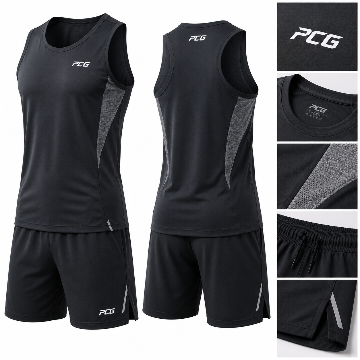 Custom activewear collection featuring performance tank and athletic shorts manufactured by PCG Sportswear