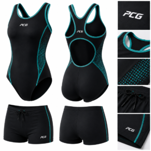 Custom swim training apparel featuring performance training shirt and athletic shorts manufactured by PCG Sportswear