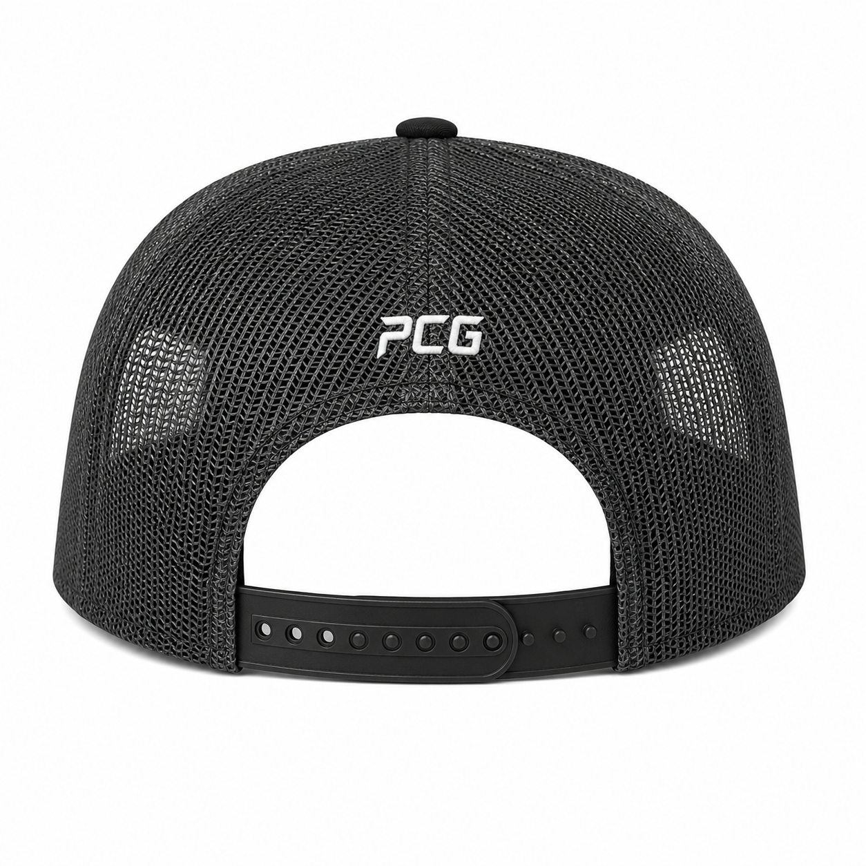Custom trucker snapback cap with flat brim and mesh back for team fan merchandise manufactured by PCG Sportswear