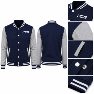 Custom varsity letter jacket with navy body and heather gray sleeves by PCG Sportswear.