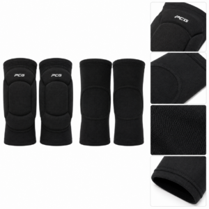 Black volleyball knee pads with protective padding and PCG Sportswear branding.
