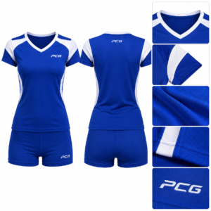 Women's custom volleyball uniform set with performance jersey and matching shorts in royal blue and white by PCG Sportswear.