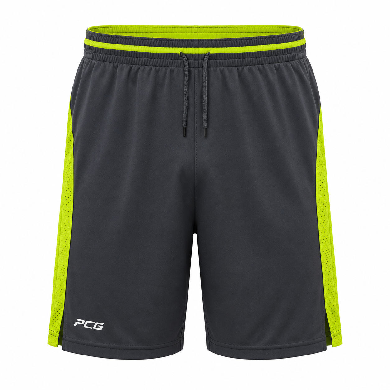 Custom men's volleyball athletic training shorts with side panels and sublimated graphics manufactured by PCG Sportswear