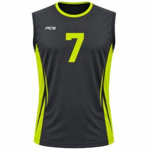 Custom men's volleyball game jersey sleeveless crew neck with mesh side panels and sublimated design manufactured by PCG Sportswear
