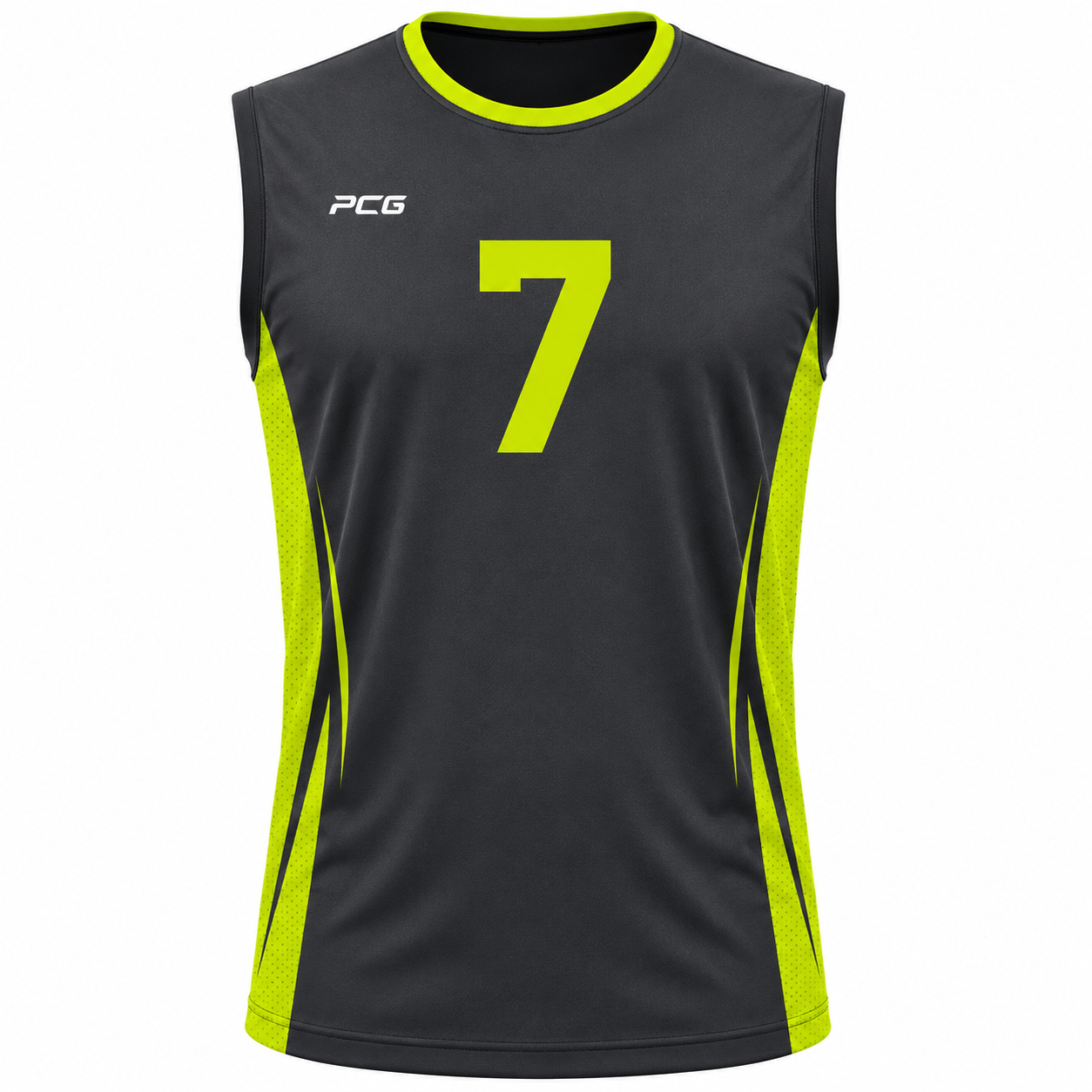 Custom men's volleyball game jersey sleeveless crew neck with mesh side panels and sublimated design manufactured by PCG Sportswear