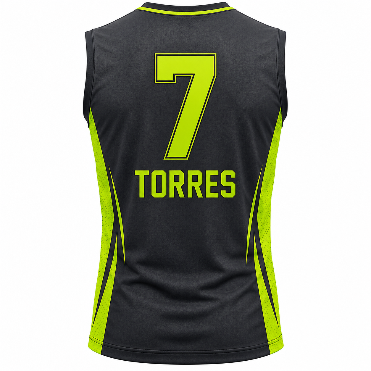 Custom men's volleyball game jersey sleeveless crew neck with mesh side panels and sublimated design manufactured by PCG Sportswear