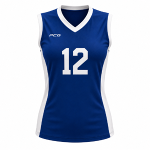 Custom women's volleyball game jersey sleeveless V-neck with sublimated player number manufactured by PCG Sportswear