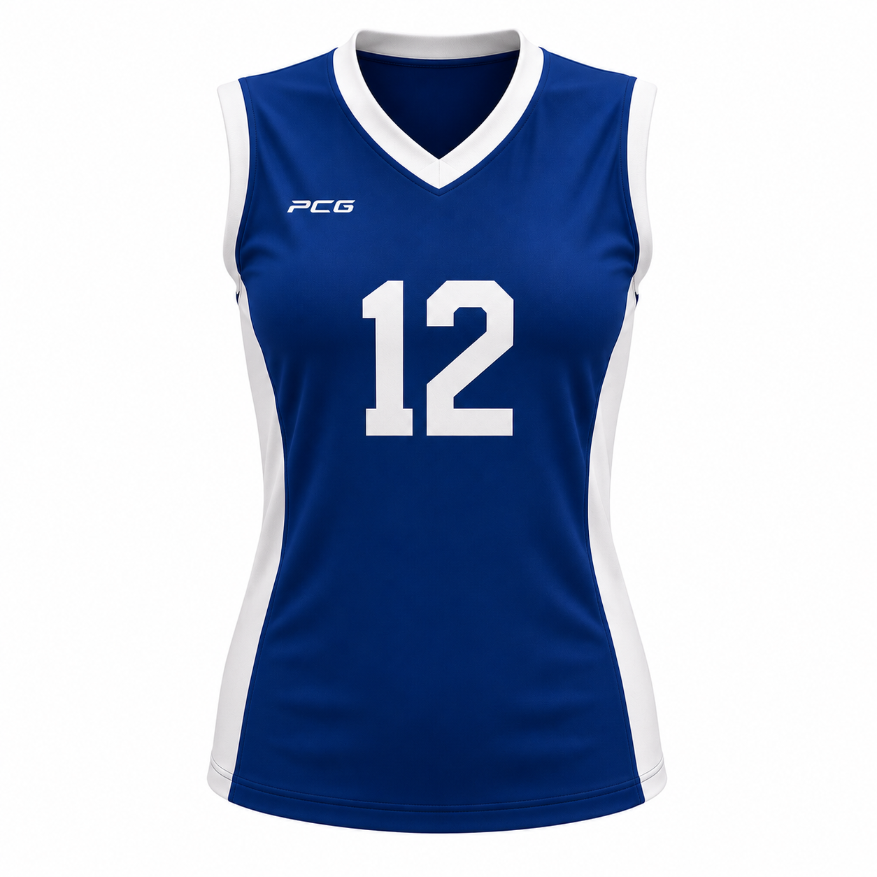 Custom women's volleyball game jersey sleeveless V-neck with sublimated player number manufactured by PCG Sportswear