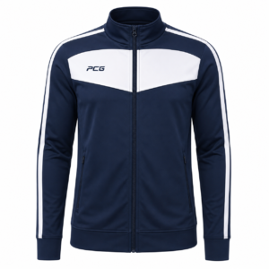 Custom volleyball warm-up full-zip track jacket with sublimated team design and stand-up collar manufactured by PCG Sportswear