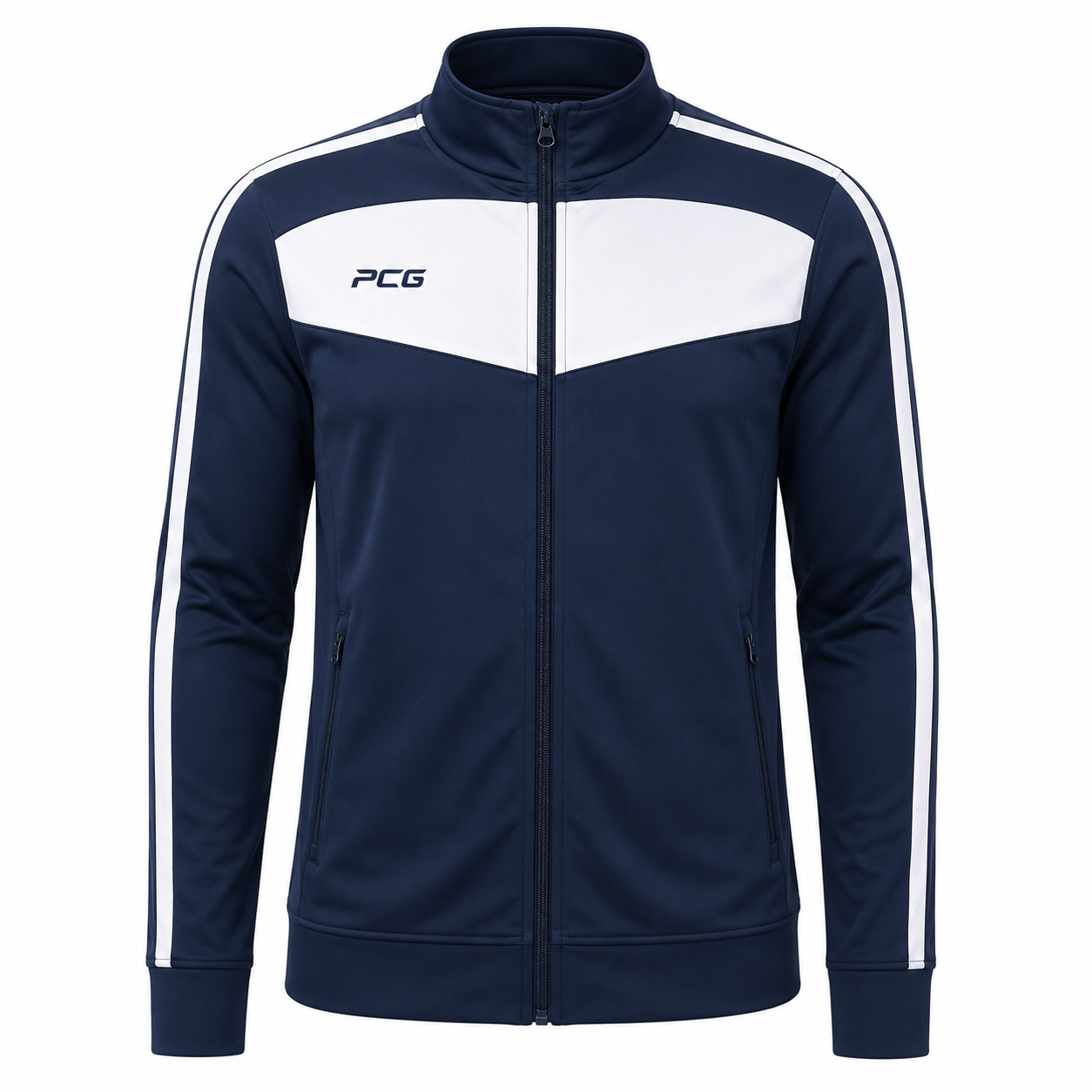 Custom volleyball warm-up full-zip track jacket with sublimated team design and stand-up collar manufactured by PCG Sportswear