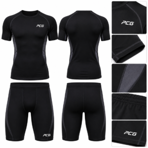 Custom wrestling compression shirt and shorts set in black with charcoal accents by PCG Sportswear.