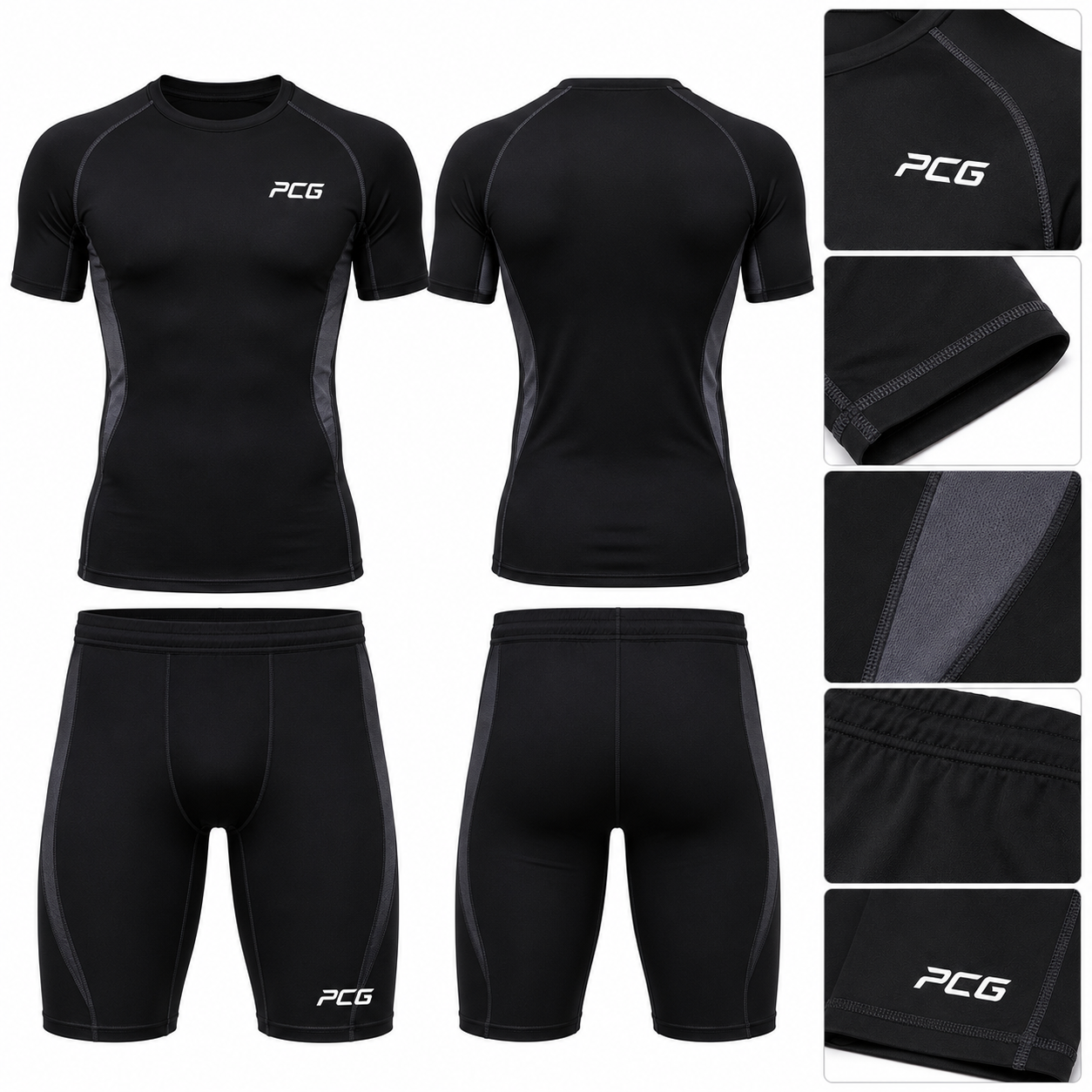 Custom wrestling compression shirt and shorts set in black with charcoal accents by PCG Sportswear.