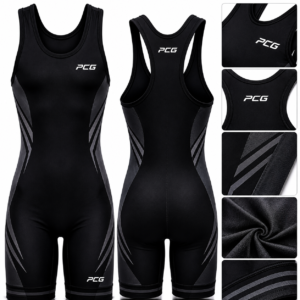 Custom wrestling singlet in black with charcoal side panels designed for competitive wrestling by PCG Sportswear.