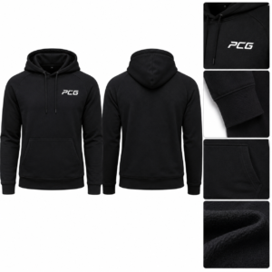 Custom wrestling team hoodie in black fleece with PCG Sportswear branding.