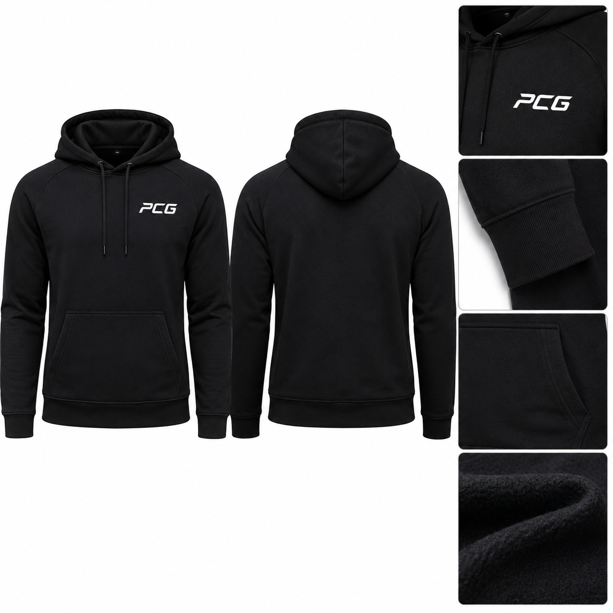 Custom wrestling team hoodie in black fleece with PCG Sportswear branding.