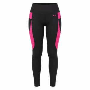 Custom women's gym high-waist leggings with mesh side panels and sublimated team design manufactured by PCG Sportswear