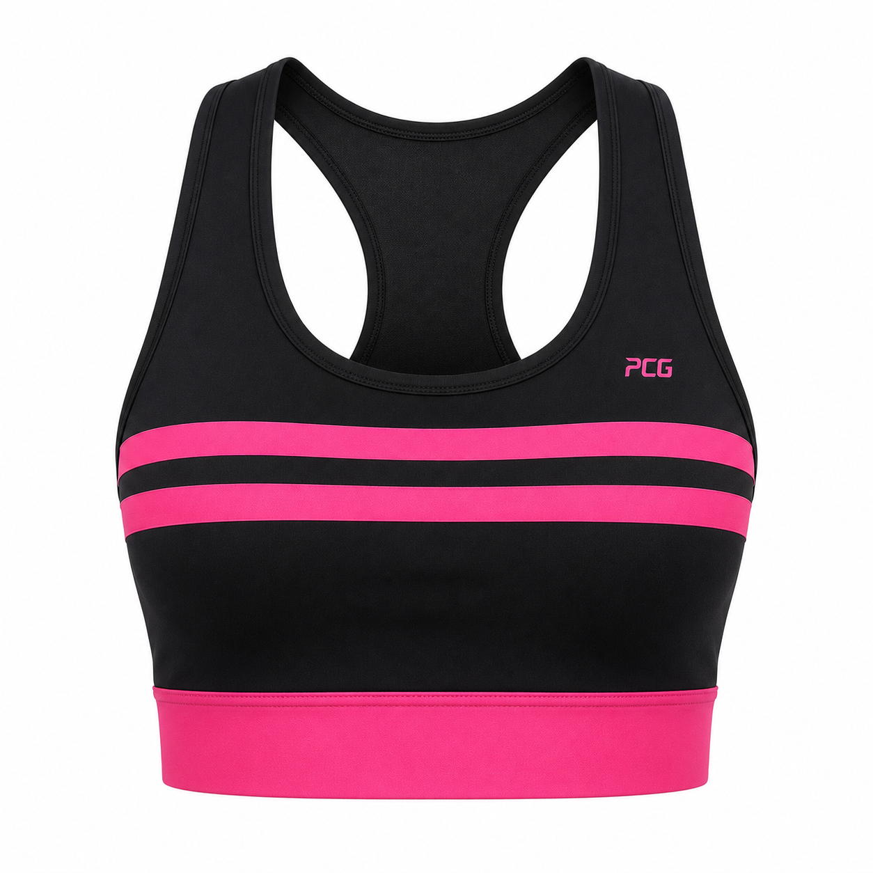 Custom women's gym high-support racerback sports bra with sublimated team design manufactured by PCG Sportswear