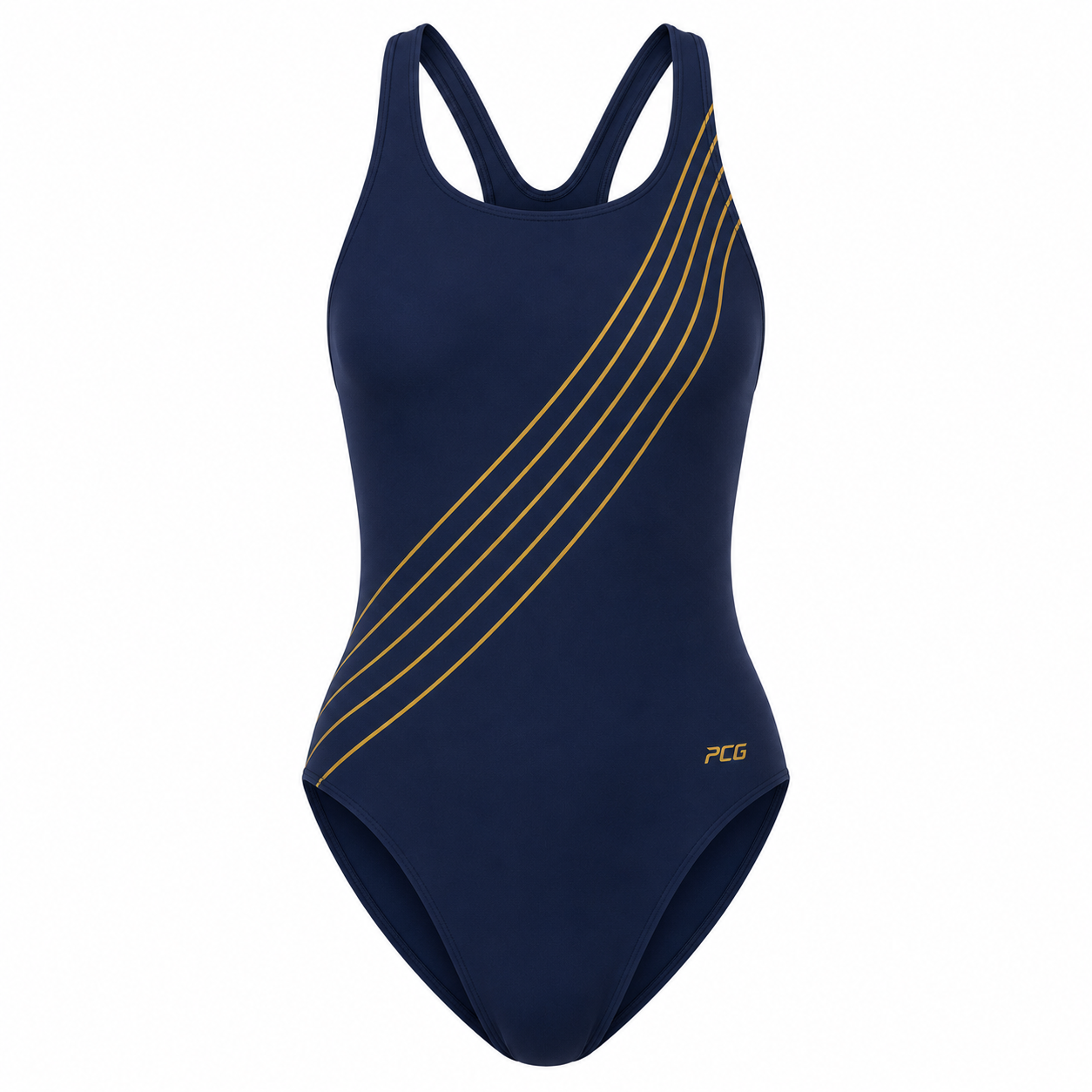 Custom women's one-piece racing swimsuit racerback with sublimated team design manufactured by PCG Sportswear