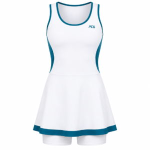 Custom women's tennis dress scoop neck with built-in compression liner and sublimated team design manufactured by PCG Sportswear