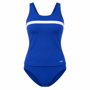 Custom women's two-piece racing swimsuit tankini with racerback top and sublimated team design manufactured by PCG Sportswear