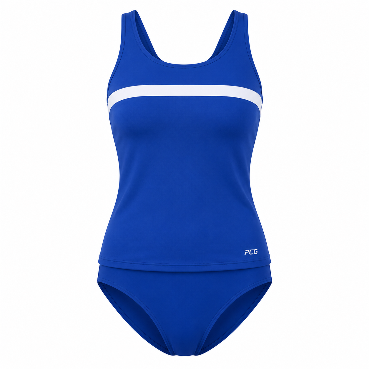 Custom women's two-piece racing swimsuit tankini with racerback top and sublimated team design manufactured by PCG Sportswear