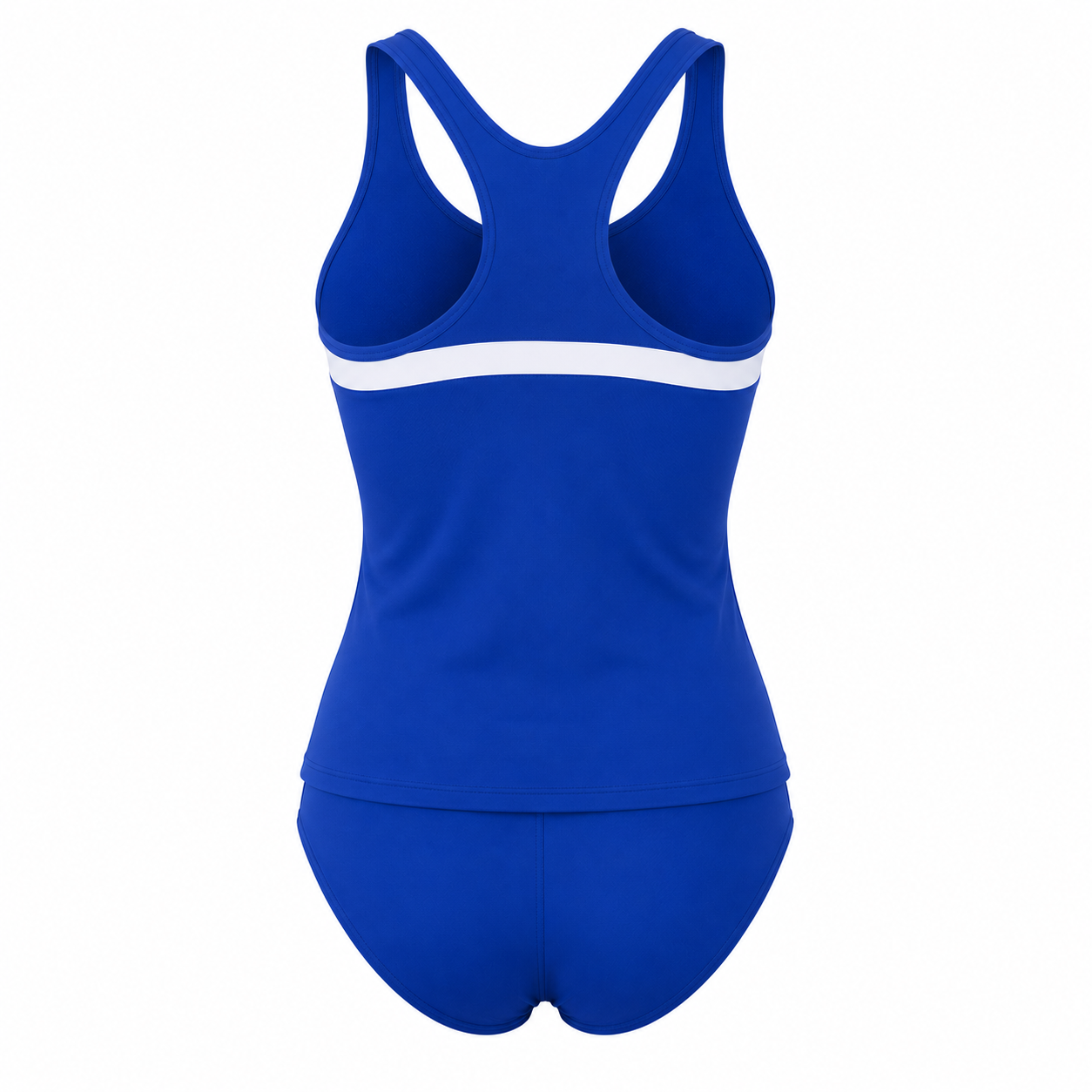 Custom women's two-piece racing swimsuit tankini with racerback top and sublimated team design manufactured by PCG Sportswear